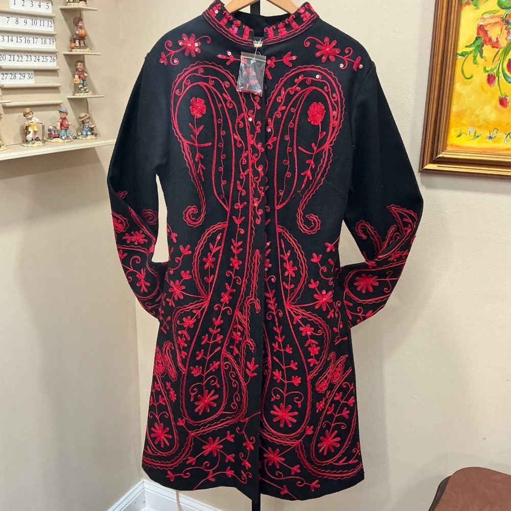 Metrostyle Coat Longline L Black Red Embroidered Boiled Wool Sequin Y2K Boho